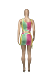 Green Yellow Sexy Patchwork Hollowed Out Tie-dye Spaghetti Strap Sleeveless Two Pieces