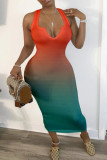 Orange Fashion Sexy Plus Size Gradual Change Print Basic V-Ausschnitt Weste Kleid