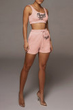 Abbigliamento sportivo casual rosa con stampa lettera semplice scollo a U senza maniche in due pezzi