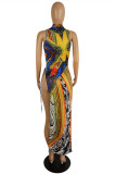 Multi-color Fashion Sexy Print Hollowed Out Strap Design Half A Turtleneck Sleeveless Dress