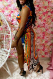 Mehrfarbiges, sexy, bedrucktes, ausgehöhltes Trägerdesign, halbes ärmelloses Kleid mit Rollkragen
