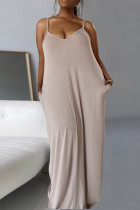 Abricot Sexy Casual Plus Size Solid Backless V Neck Sling Dress