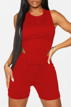 Red Sexy Casual Solid Backless Strap Design O Neck Sleeveless Two Pieces