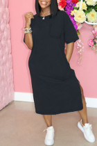 Черное модное повседневное однотонное платье с круглым вырезом и коротким рукавом