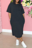 Zwarte mode casual effen spleet O-hals jurk met korte mouwen