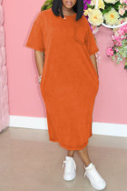 Vestido de manga corta con cuello en O con abertura sólida informal de moda naranja
