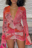 Robes de jupe crayon à col en V et imprimé patchwork rose sexy