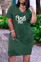 Army Green Fashion Casual Letter Print Basic V-Ausschnitt Kurzarm Kleid Kleider