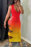 Rotes Mode-reizvolles allmähliches Änderungs-Druck-ausgehöhltes Weste-Kleid mit U-Ausschnitt