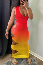 Rotes Mode-reizvolles allmähliches Änderungs-Druck-ausgehöhltes Weste-Kleid mit U-Ausschnitt