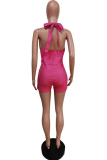 Rose Red Sexy Patchwork Buckle Halter Skinny Rompers