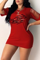 Красное модное сексуальное рваное платье с коротким рукавом и круглым вырезом с буквенным принтом