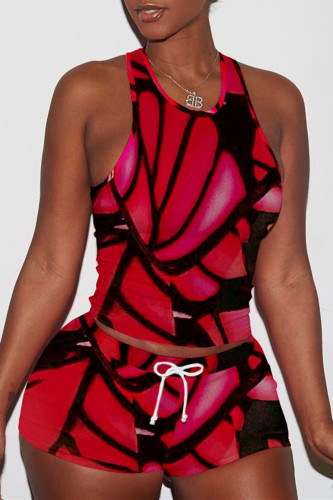 Red Fashion Casual Print Basic O Neck Sleeveless Two Pieces