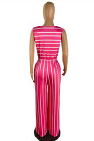 Red Casual Striped Print Basic O Neck Regular Sleeveless Jumpsuits