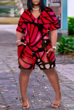 Macacão turquesa moda casual com estampa básica decote em V solto manga curta