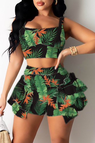 Green Sexy Print Patchwork Flounce Square Collar Sleeveless Two Pieces