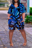 Синий модный повседневный принт, базовый свободный комбинезон с коротким рукавом и v-образным вырезом