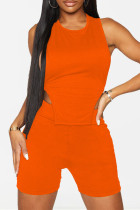 Оранжевый сексуальный повседневный твердый ремешок без спинки с круглым вырезом без рукавов из двух частей