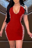 Röd Sexig Casual Print Patchwork V-ringad kortärmad klänning
