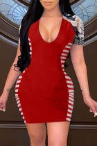 Rode sexy casual print patchwork jurk met V-hals en korte mouwen
