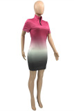 Lila Fashion Casual Allmählicher Druck Basic Reißverschluss Kragen Kurzarm Kleid