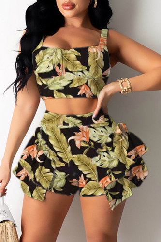 Light Green Sexy Print Patchwork Flounce Square Collar Sleeveless Two Pieces