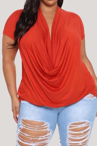 Red Fashion Casual Solid Basic V Neck Plus Size Tops
