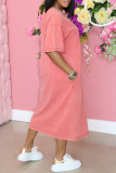 Розовое модное повседневное однотонное платье с круглым вырезом и короткими рукавами