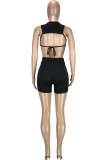 Black Sexy Casual Solid Backless Strap Design O Neck Sleeveless Two Pieces