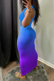 Vestido azul fashion sexy com estampa de mudança gradual vazado decote em U