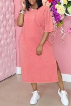 Vestido de manga corta con cuello en O con abertura sólida informal de moda rosa