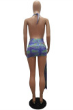 Blue Fashion Sexy Print Backless Halter Sleeveless Two Pieces
