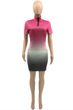 パープルファッションカジュアル段階的変更プリントベーシックジッパーカラー半袖ドレス