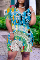 Macacão turquesa moda casual com estampa básica decote em V solto manga curta