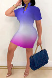 Vestido de manga corta con cuello de cremallera básica con estampado de cambio gradual casual de moda púrpura