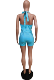 Blue Sexy Patchwork Buckle Halter Skinny Rompers