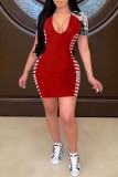 Vestido de manga corta con cuello en V y estampado informal sexy rojo