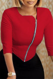 Camisetas de cuello con cremallera de patchwork sólido casual de moda rojo