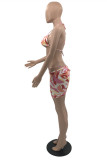 Pink Sexy Print Backless Swimwears Three-piece Set