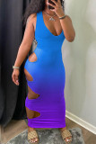 Vestido azul fashion sexy com estampa de mudança gradual vazado decote em U