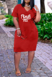 Red Fashion Casual Letter Print Basic V Neck Short Sleeve Dress Dresses