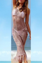 Pink Sexy Solid Hollowed Out See-through Swimwears
