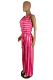 Red Casual Striped Print Basic O Neck Regular Sleeveless Jumpsuits