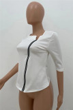 White Fashion Casual Solid Patchwork Zipper Collar T-Shirts