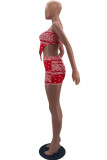 Red Sexy Print Patchwork Backless Spaghetti Strap Sleeveless Two Pieces
