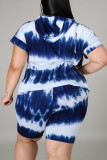 Colletto con cappuccio tie-dye con stampa casual blu alla moda, taglie forti, due pezzi