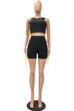 Black Sexy Solid Tear Asymmetrical Mesh With Bow Zipper Collar Sleeveless Two Pieces