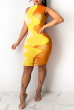 黄色のセクシーなパッチワークメッシュハーフタートルネックペンシルスカートドレス