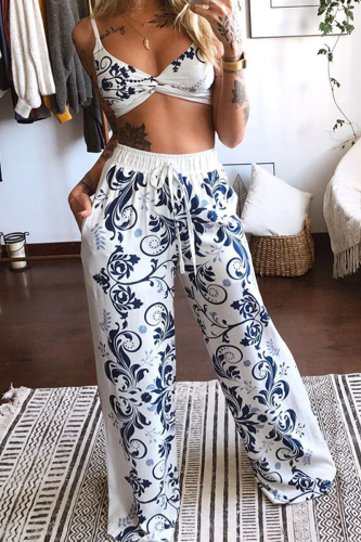 Blue Sexy Print Patchwork Spaghetti Strap Sleeveless Two Pieces
