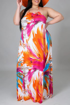 Orange Sexy Casual Plus Size Print Backless Halter Sleeveless Dress